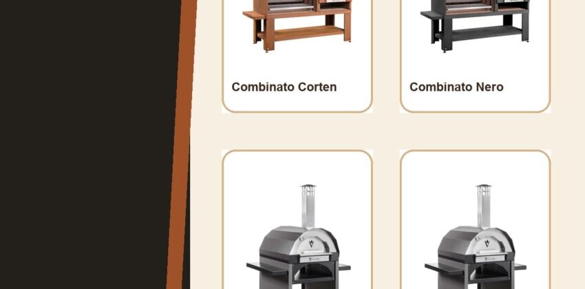 Collage pulito di combinati e forni pizza Vulcano Fire per cucina outdoor