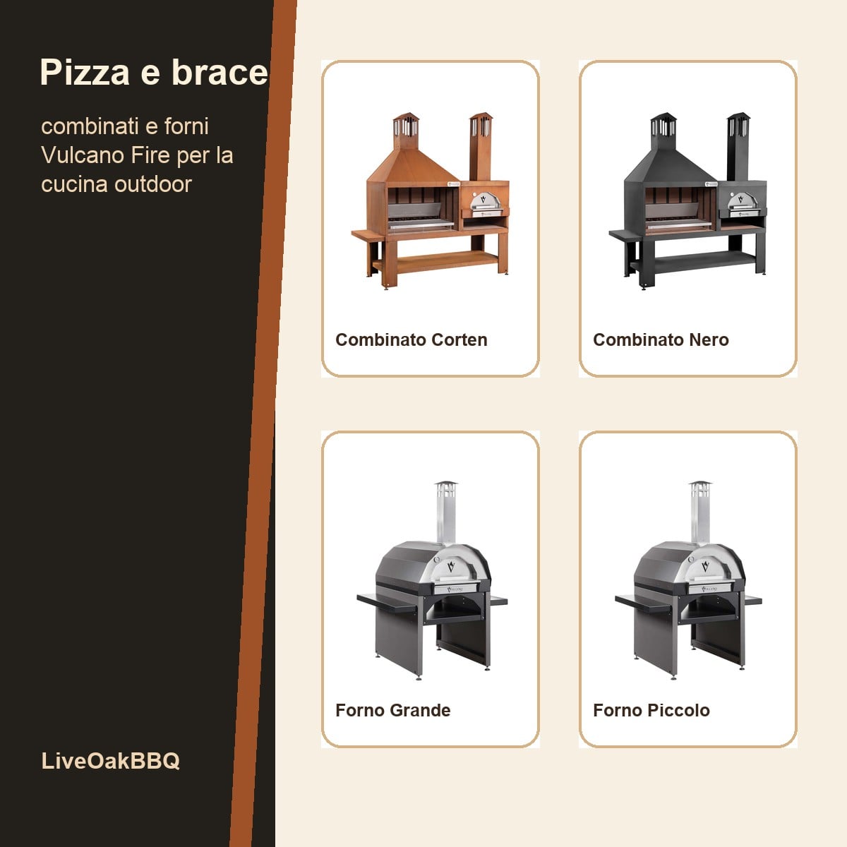 Collage pulito di combinati e forni pizza Vulcano Fire per cucina outdoor